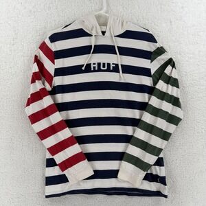 HUF Hoodie Mens Medium Multicolor Striped Logo USA Pullover Long Sleeve